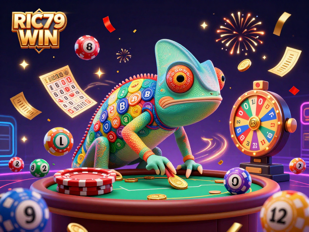 Experience exciting wins with RIC79 WIN in this vibrant casino scene featuring a colorful chameleon owner.