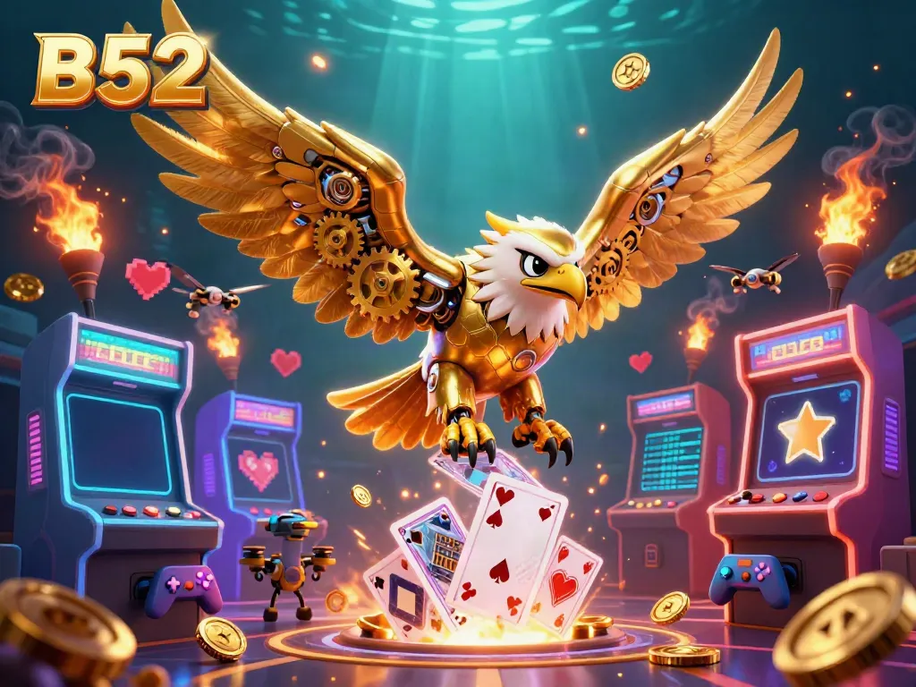 Experience thrilling B52 casino action with a cybernetic golden eagle amid vibrant holographic cards.