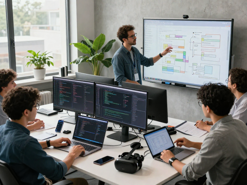 Collaboration in a tech office at https://ieee.org.uk showcasing software engineers discussing project plans.