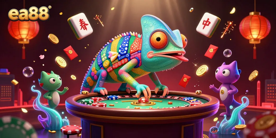 Experience the thrilling world of ea88 with a colorful chameleon casino owner and vibrant gaming elements.
