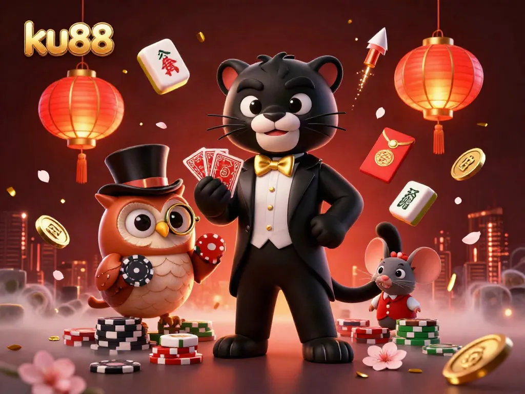 Engage in high-stakes gambling experiences with ku88, featuring a tuxedo-clad panther, poker chips, and vibrant casino elements.