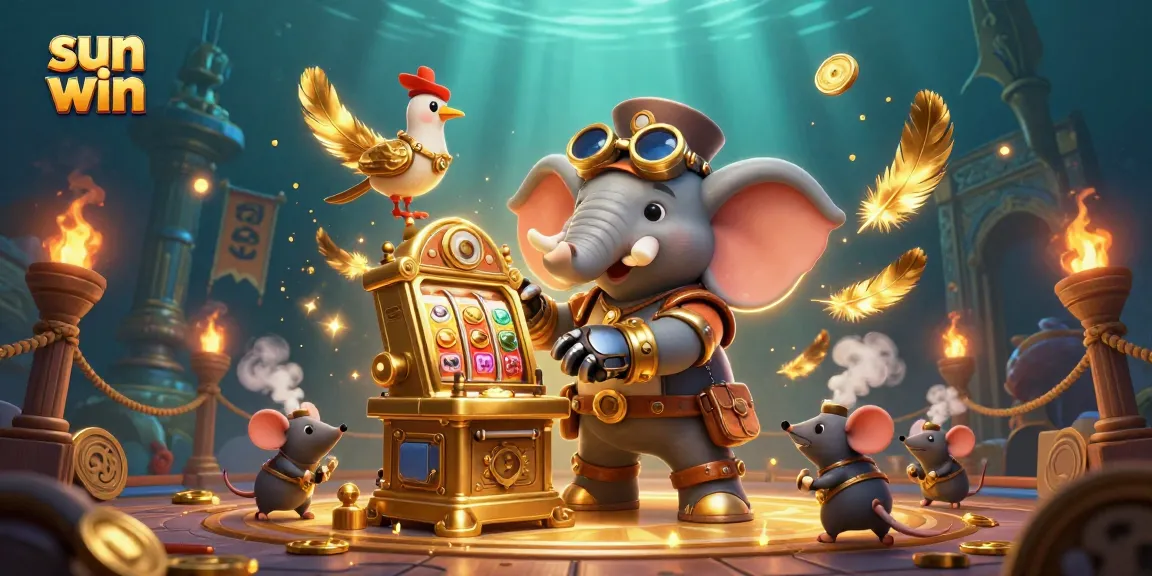 Spin the sun win slot machine with a whimsical steampunk elephant engineer in a vibrant casino