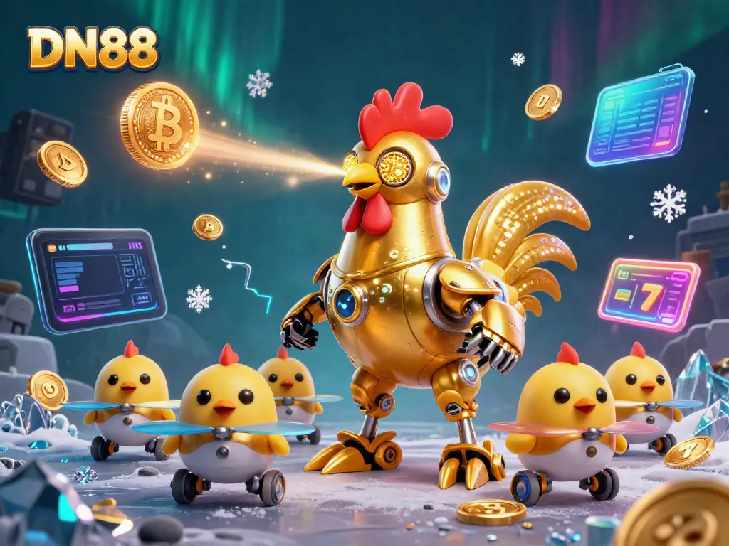 Experience thrilling action at DN88 with a dynamic 3D illustration featuring a golden rooster robot and baby chick drones amidst cryptocurrency elements.