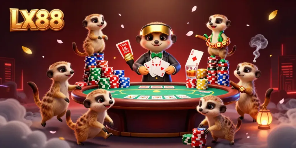 Experience the dynamic LX88 casino operations with meerkats interacting and playing poker.