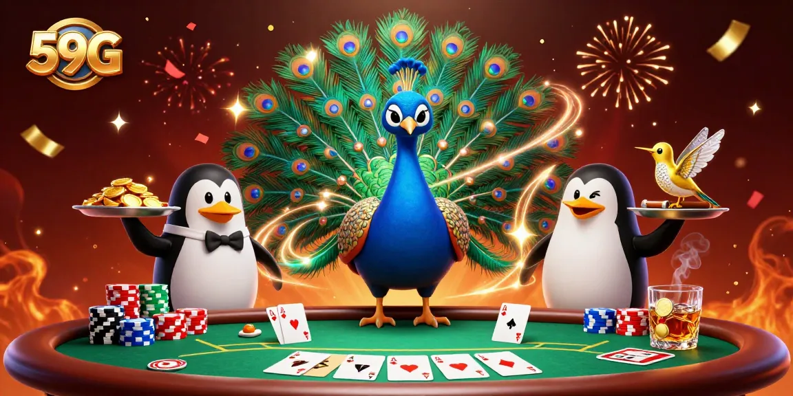 Engage with 59G as a dazzling peacock spreads its feathers in a vibrant casino scene.