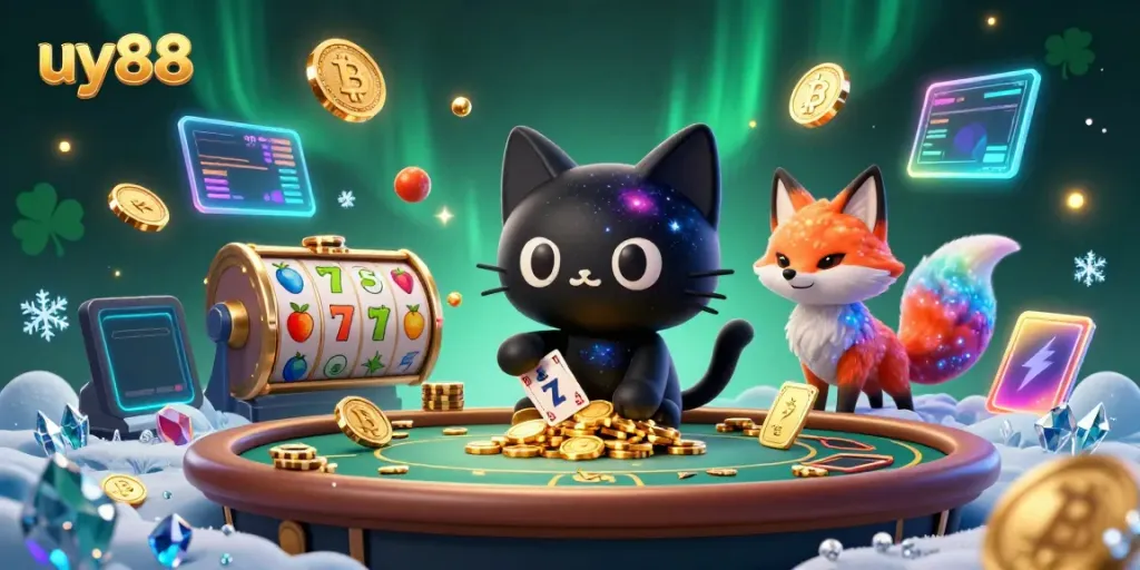 Engage with uy88 casino fun featuring cosmic characters and vibrant slot game elements.