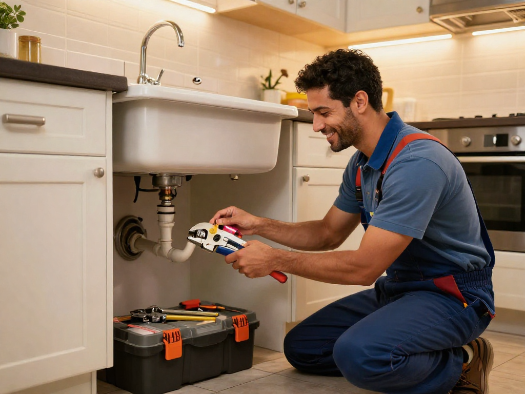 Mateo and Sons Plumbing technician inspecting a kitchen pipe leak with professional tools in a welcoming home setting