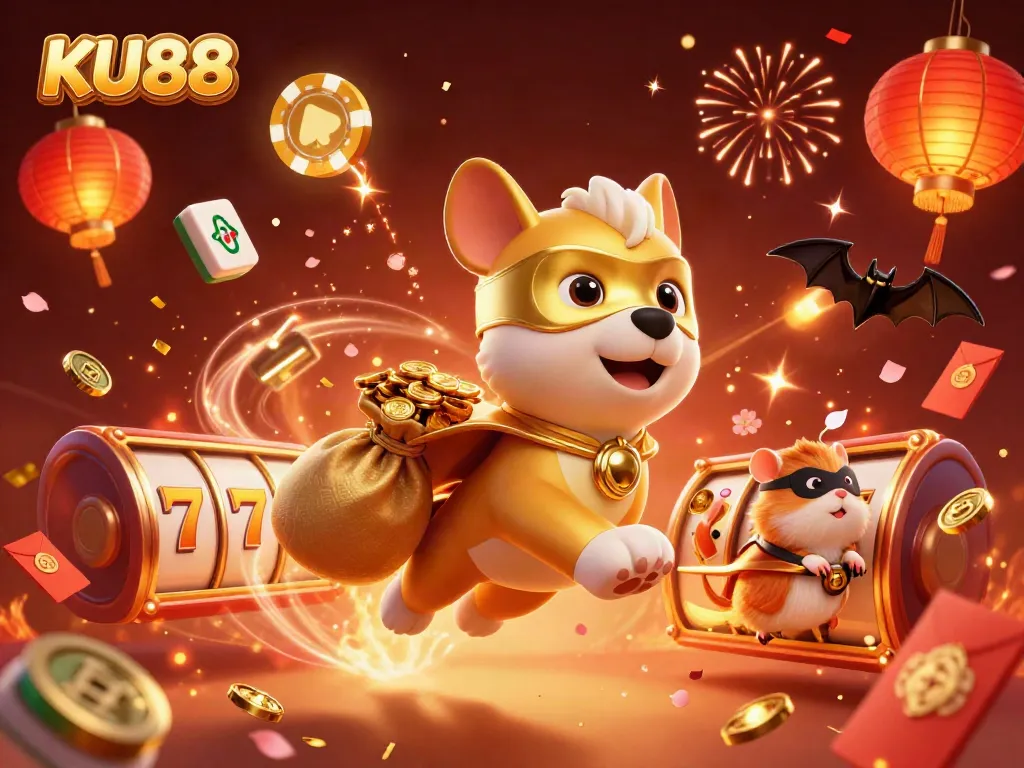 Watch the KU88 superhero dog soar while winning big at the casino, surrounded by festive gaming elements.