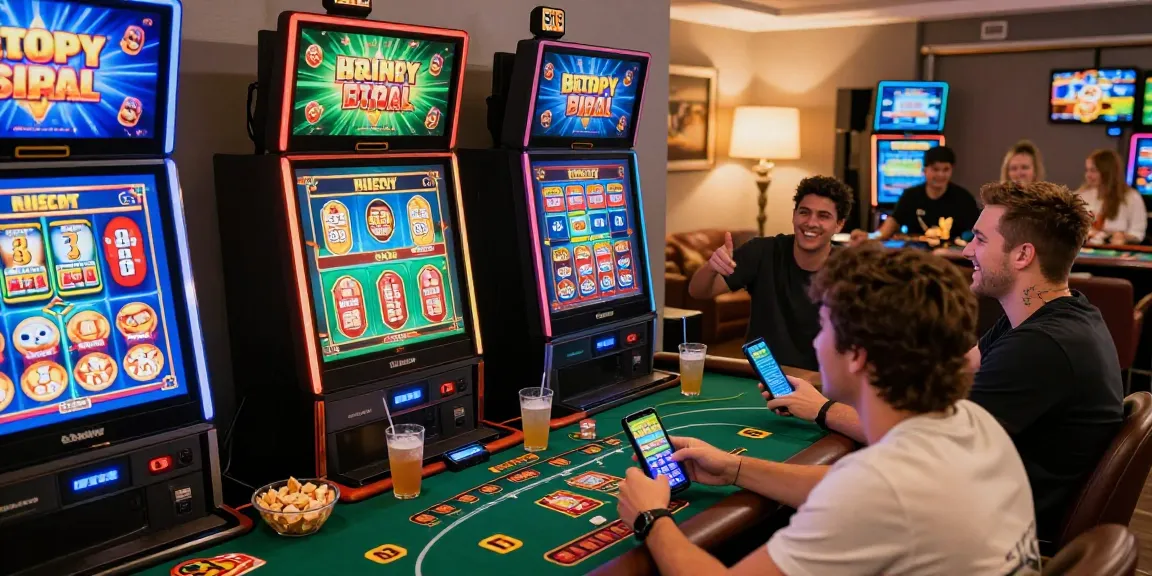 Best online casinos: Australian players celebrating a jackpot win in a lively online gaming atmosphere.