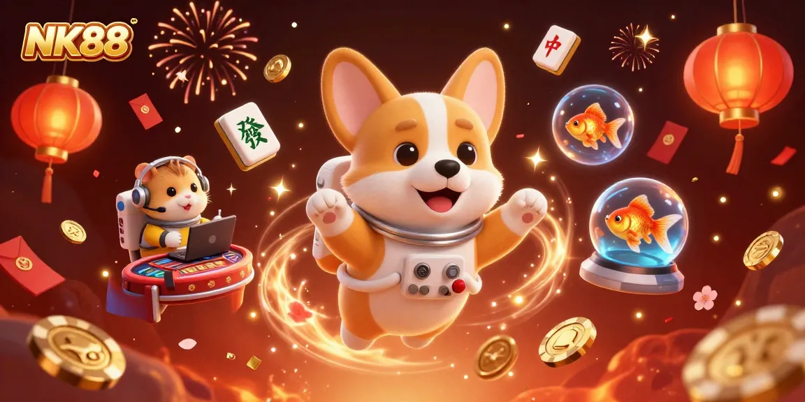 Experience exhilarating thrills with NK88 as a corgi astronaut floats in a casino adventure, surrounded by festive elements.
