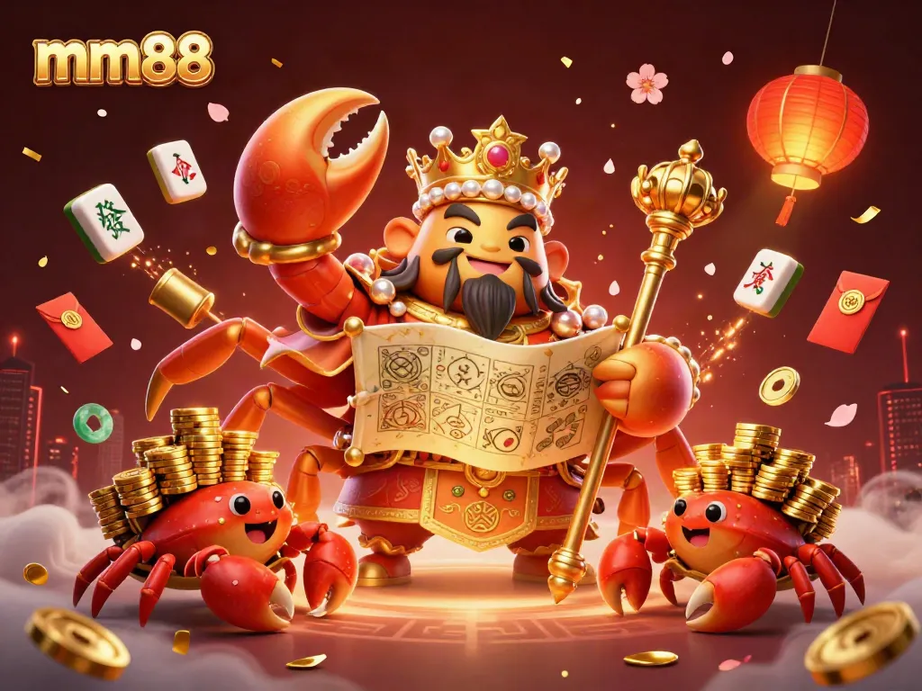 Engage in exciting mm88 gambling with the golden crab emperor overseeing a vibrant casino scene filled with treasure and luck.