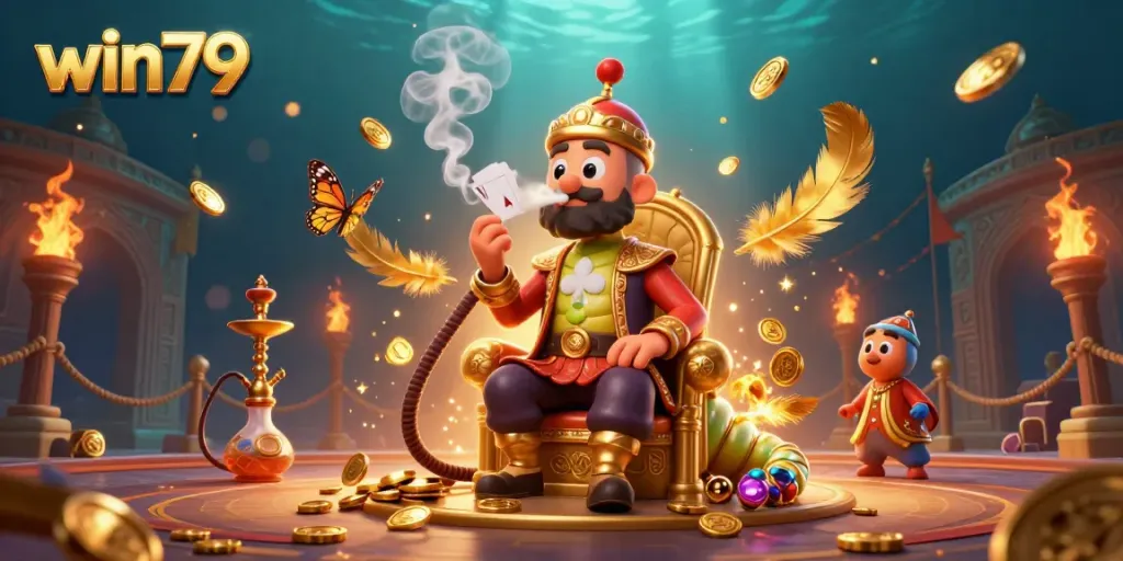 Experience the excitement of win79 with a vibrant 3D illustration showcasing a whimsical caterpillar master in a lavish casino setting.