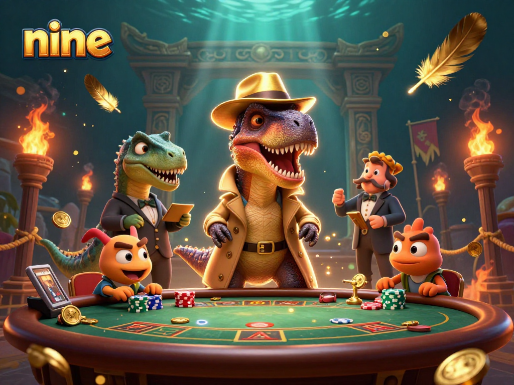 Experience a thrilling game of nine as a velociraptor card counter navigates a blackjack table with keen intensity.
