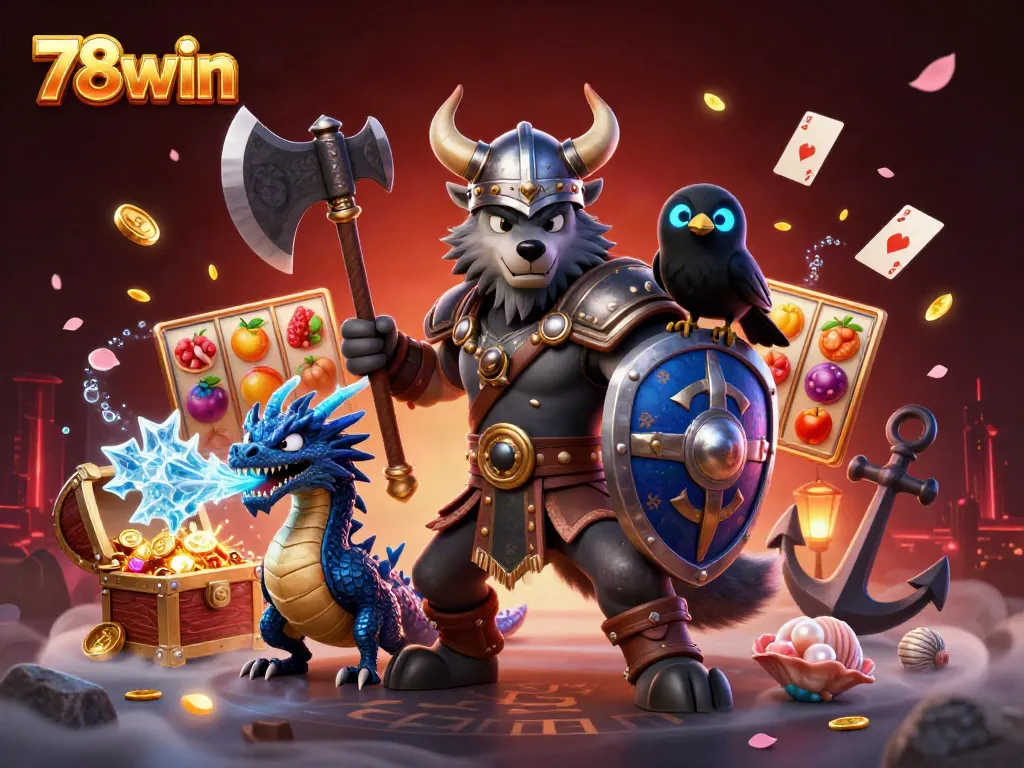 Engage in thrilling gameplay at 78win with a Viking wolf warrior, dragon, and the excitement of slot machines.