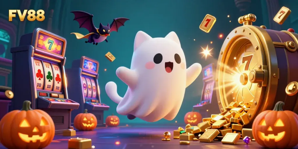 FV88 ghost cat interacts with shimmering slot machines in a lively casino setting, enhanced by glowing accents.