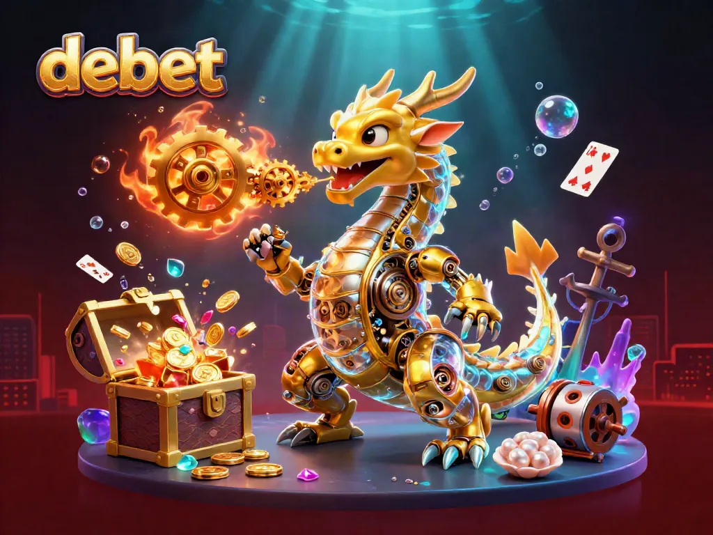 Experience the thrilling world of debet with a dragon revealing golden treasures amidst a dynamic casino scene.