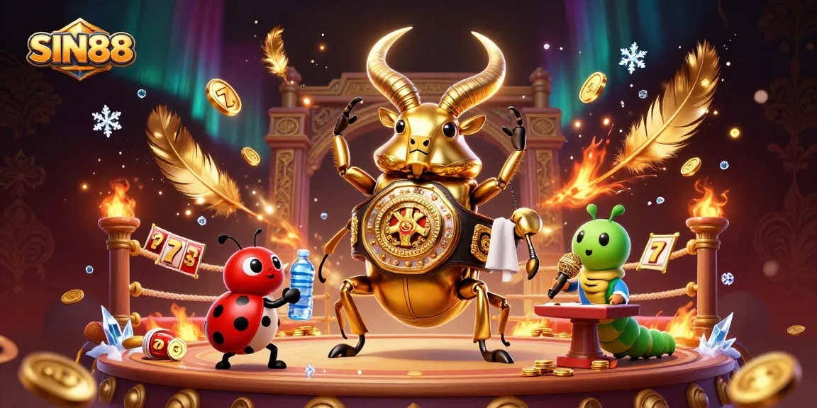 SIN88 offers an exciting 3D casino scene featuring a giant golden stag beetle and dynamic gaming elements.