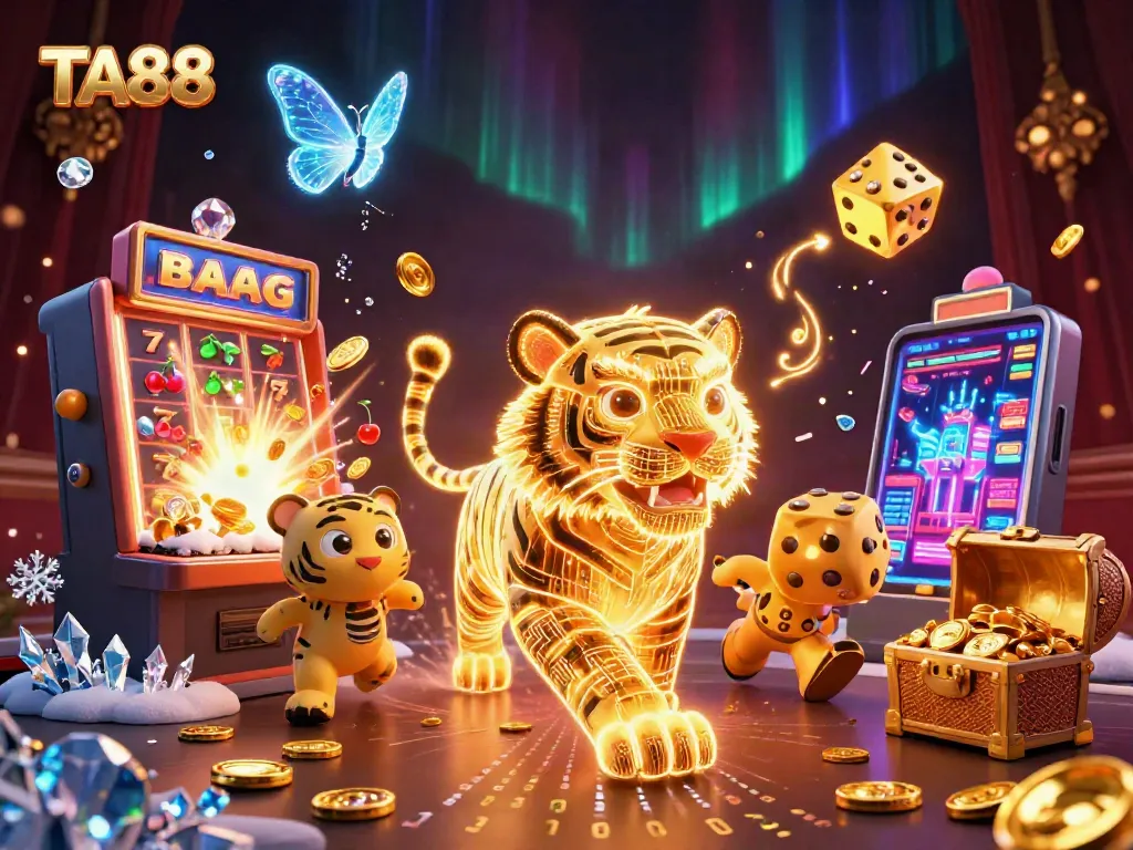 Experience TA88's vibrant casino scene with dynamic slot excitement and golden elements.