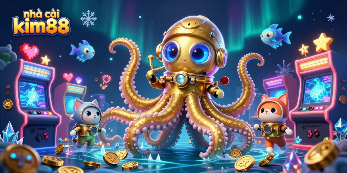 Engage with nhà cái kim88 through thrilling gaming scenes featuring vibrant elements in a cartoonish 3D underwater world.