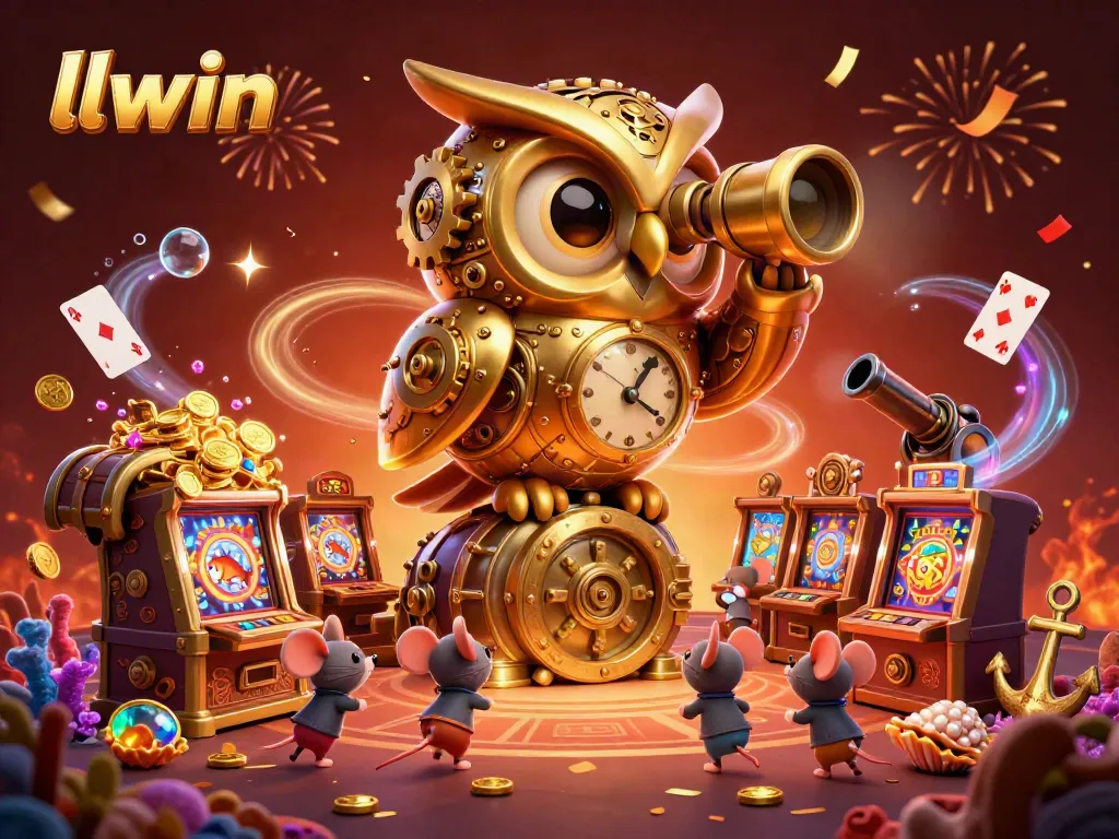 Experience thrilling wins at llwin with a vibrant 3D casino illustration depicting a golden owl overseeing the action.