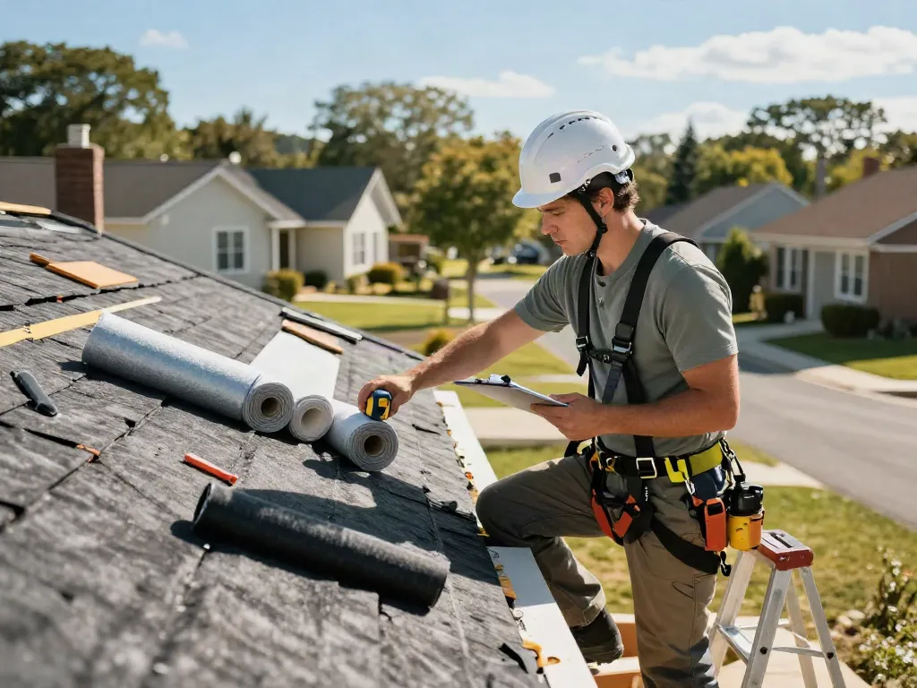 Contractor inspecting a felt roof, demonstrating expertise and safety in home improvement.
