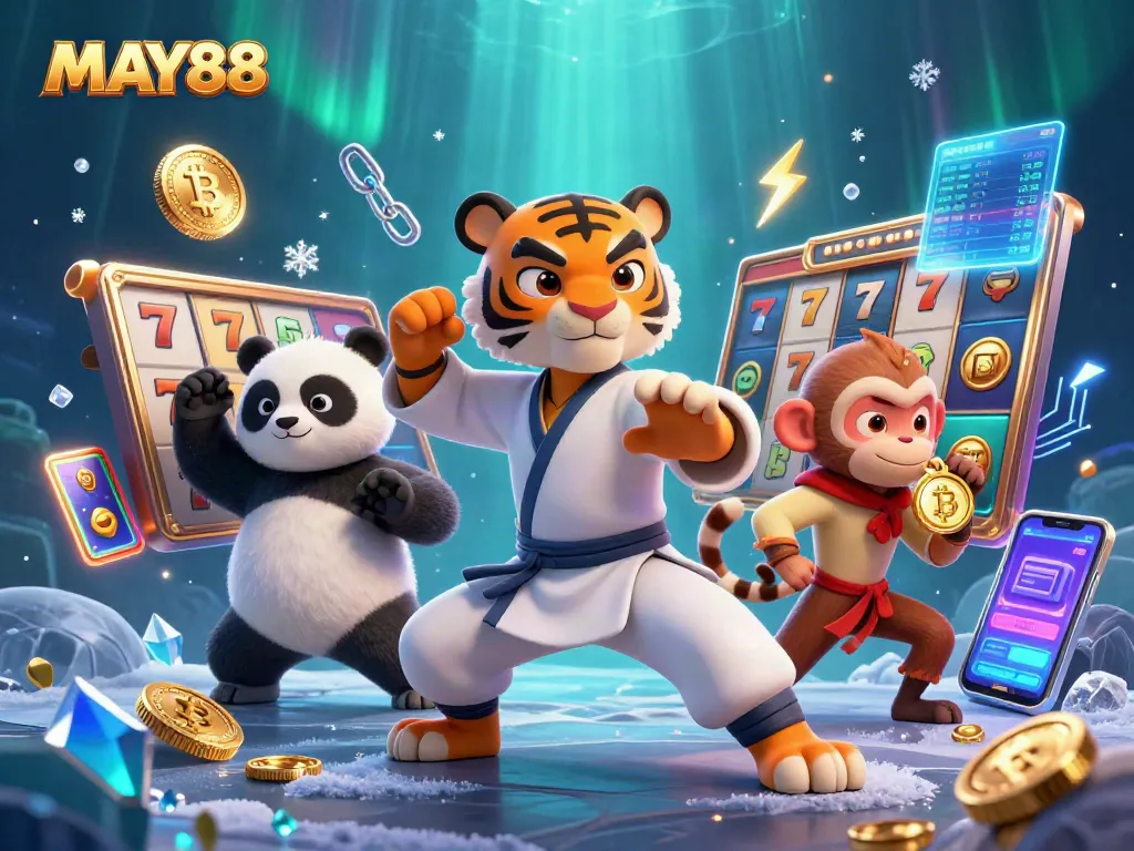 MAY88 immerses players in a vibrant world of slots and jackpots with cartoon characters in action.
