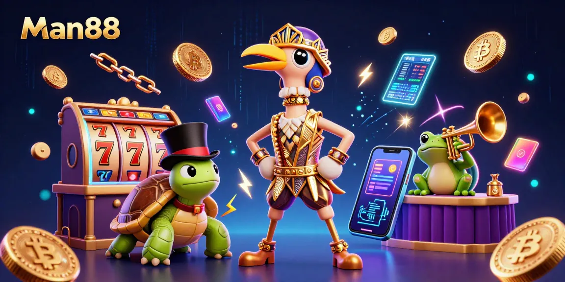 Spin the reels at Man88's vibrant casino with 3D characters and slots in an electrifying scene.