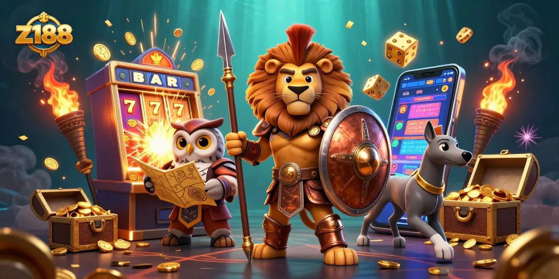 Experience thrilling gameplay with z188’s Spartan lion, slot machine, and golden treasures in a vibrant casino scene.