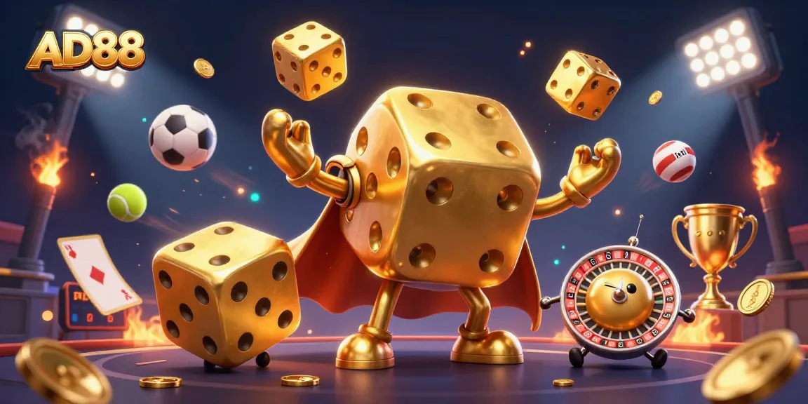 AD88 thrills gamblers with a vibrant casino scene featuring golden dice, sports balls, and dynamic lighting.