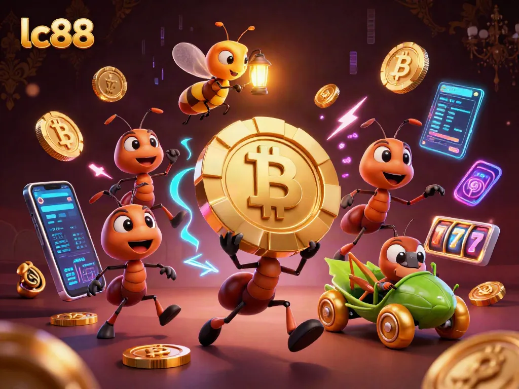 Experience the excitement of lc88 with vibrant ants carrying a giant poker chip through a rich casino scene.