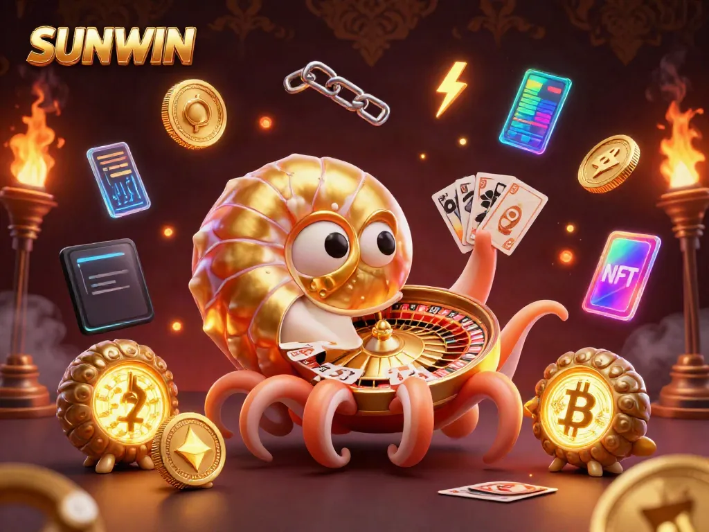 SUNWIN’s vibrant gaming scene features a giant nautilus and ammonites amidst glowing coins and cards.