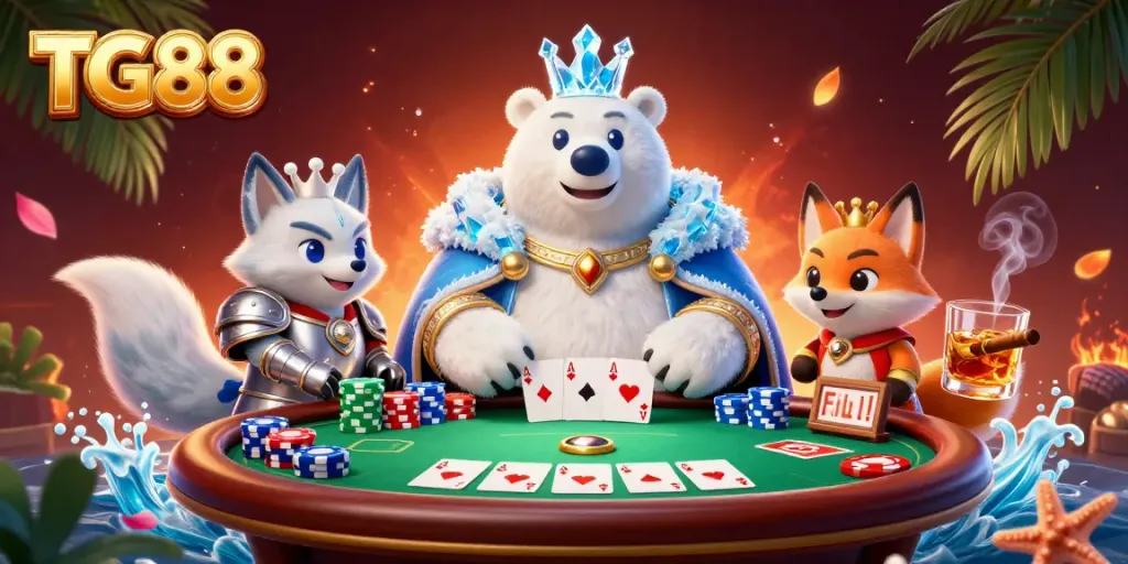 Join the excitement at TG88 with a lively scene depicting card games and vibrant characters in a casino setting.