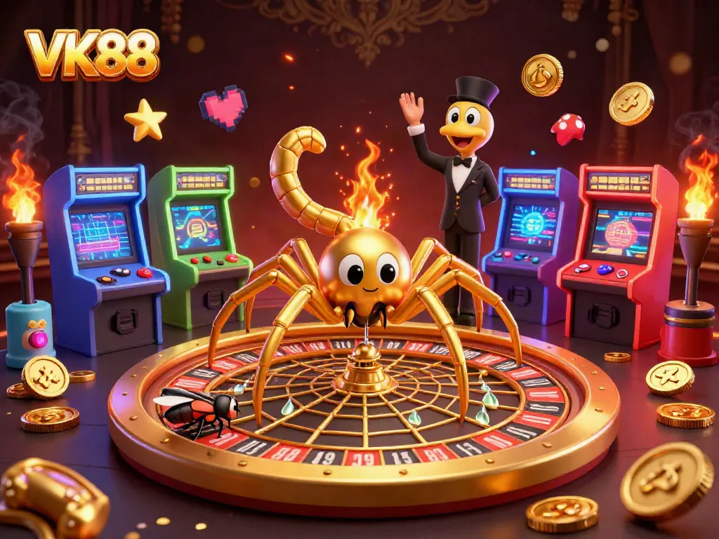 Experience the thrill of VK88 gaming with playful characters in a vibrant casino scene.