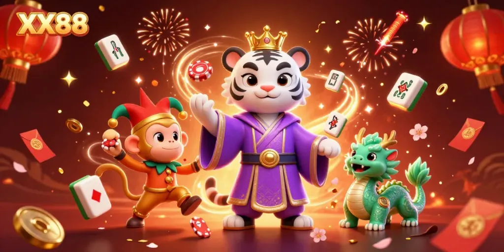 Experience the excitement at XX88 with a lively 3D casino scene featuring vibrant characters and golden game elements.