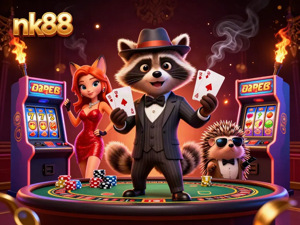 Experience nk88 slots and casino games with raccoon dealer and fox companion in vibrant 3D scene.