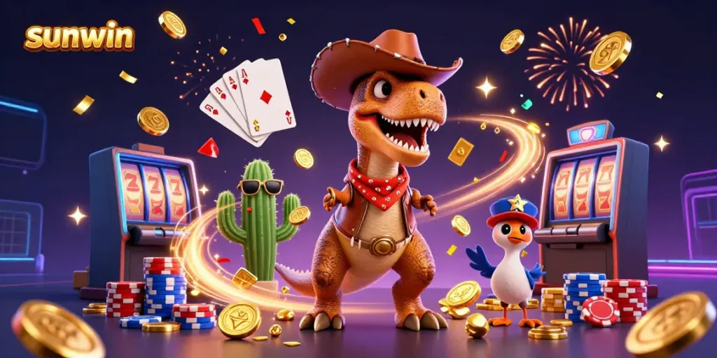 Experience excitement with sunwin in this vibrant 3D casino illustration featuring lively characters and game elements.