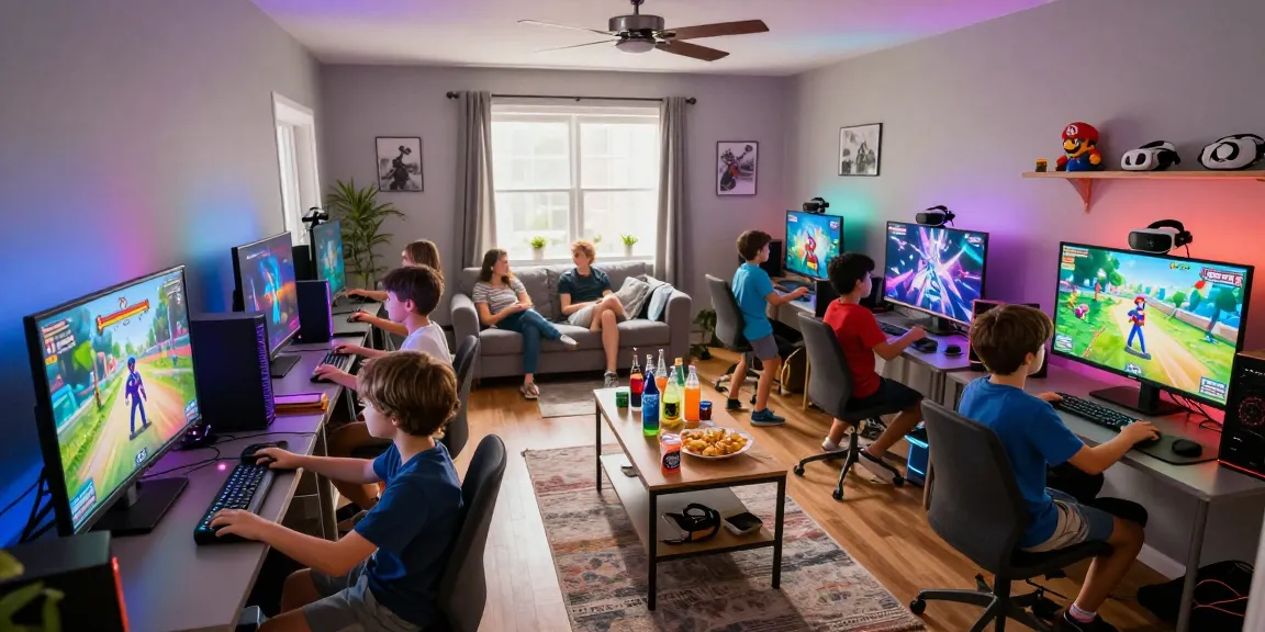 Children enjoying a video gaming party with colorful decorations and snacks in a lively living room.