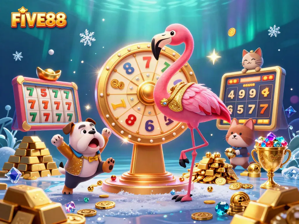 Experience thrilling gaming moments at FIVE88, with colorful slot reels and vibrant jackpot excitement!