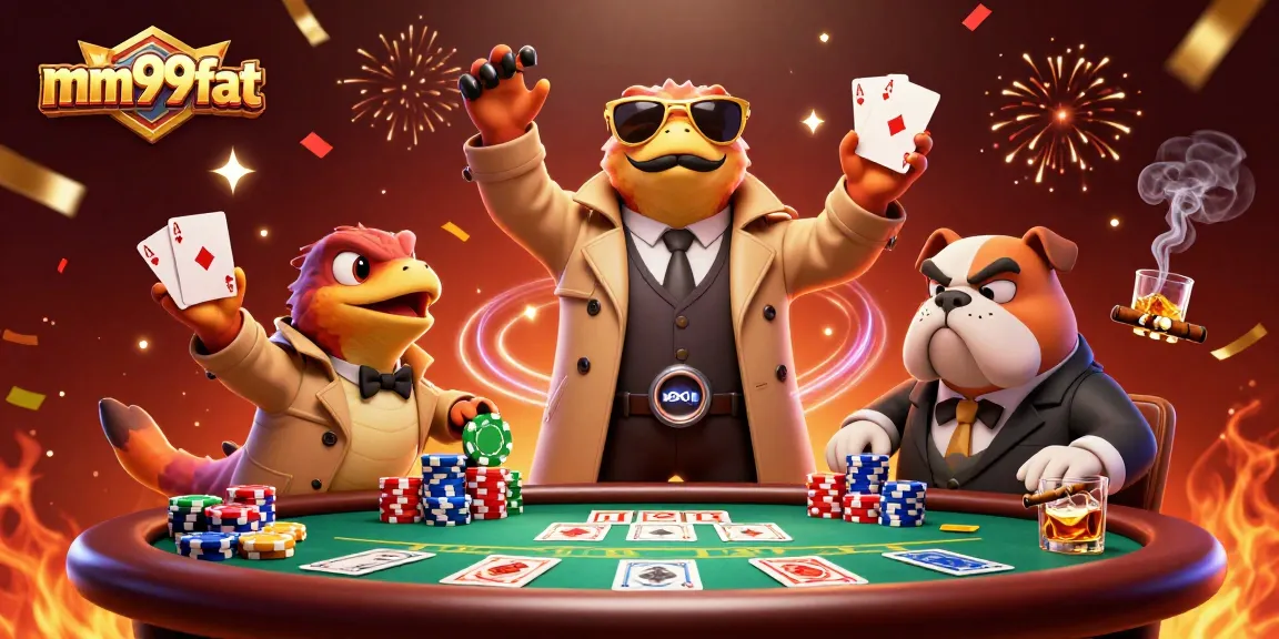 Engage with mm99fat's unique online poker experience featuring lively 3D characters in a vivid casino setting.