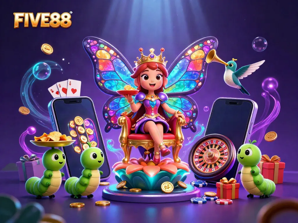 Experience the excitement of FIVE88 casino games with a vibrant 3D scene featuring a captivating butterfly queen, colorful slot elements, and lively casino themes.