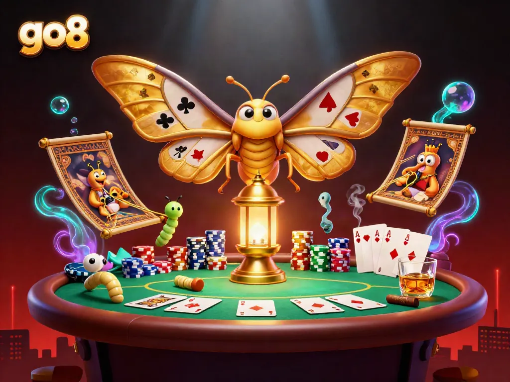Experience thrilling gameplay at go8 with a vibrant casino scene showcasing detailed poker elements and a majestic atlas moth.