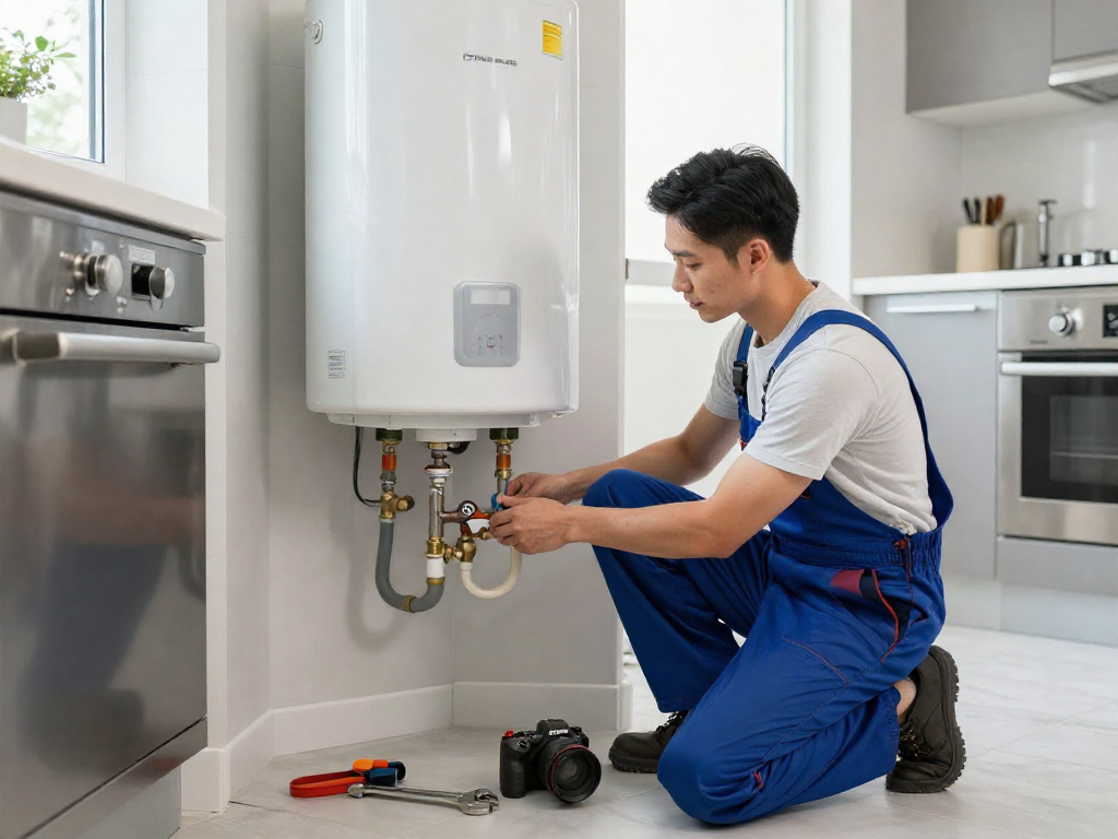 Direct water heater repair Fort Worth service in a modern kitchen with a skilled plumber inspecting a water heater.