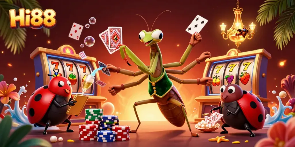 Engage with Hi88's vibrant casino atmosphere featuring dynamic slot action and a lively scene.