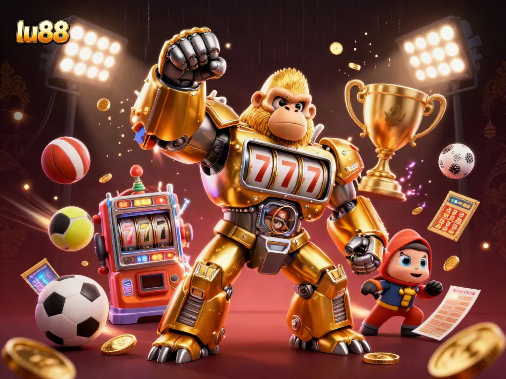 Experience thrilling gaming action at lu88 with a golden gorilla mech and dynamic sports elements.