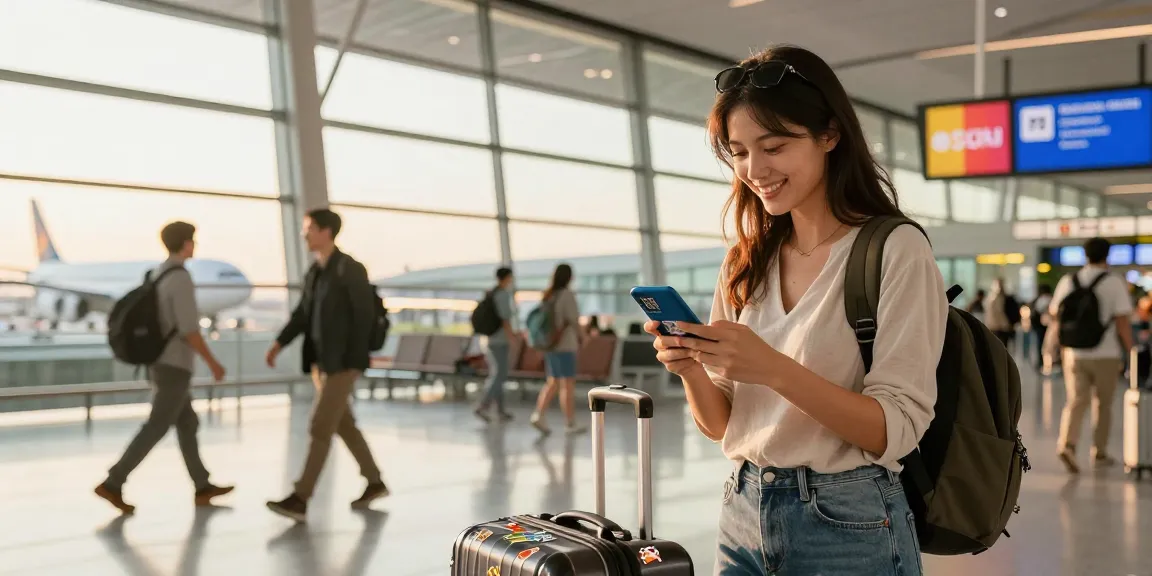 Traveler activating her UK eSIM guide at the airport, scanning QR code for seamless connectivity.