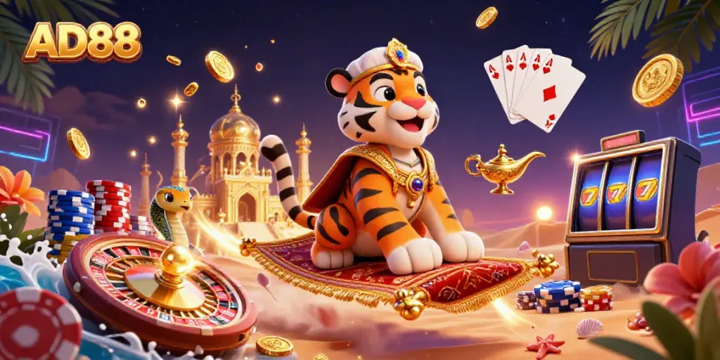 Engage in thrilling gaming action with AD88's vibrant casino talents set in an enchanting Arabian Nights theme.