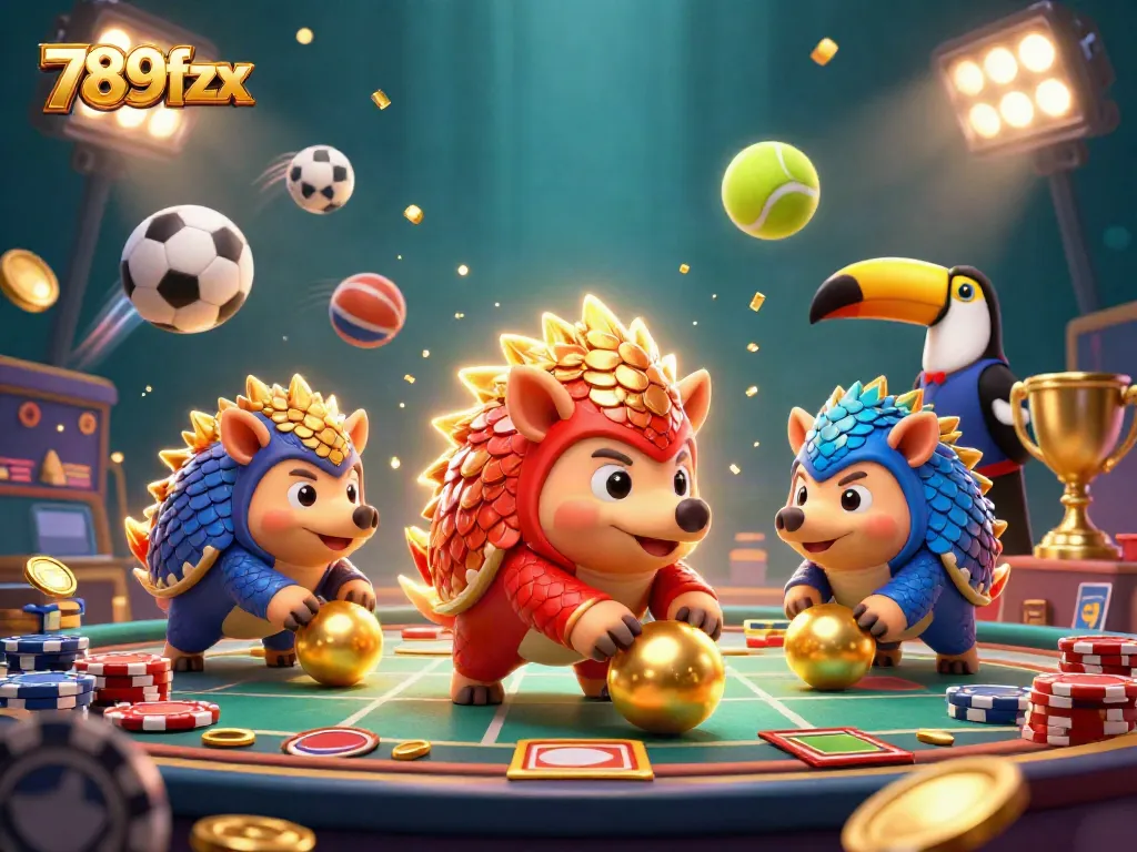 Join the fun at 789fzx, watch rival pangolins roll golden balls in a vibrant casino scene.