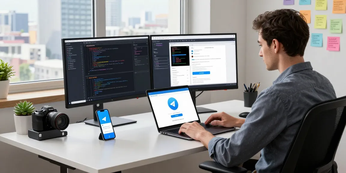 Download Telegram app on laptop in a modern workspace with developer tools and city view.
