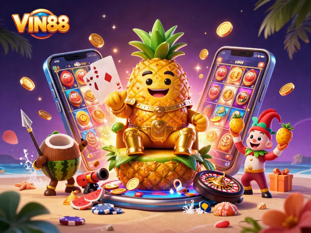 Experience thrilling casino gameplay with the vibrant VIN88 characters and dynamic gaming elements.