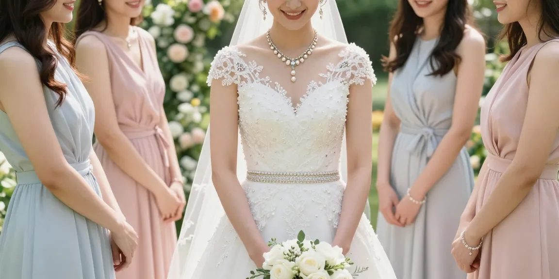 Bridal jewellery set with pearls and cubic zirconia showcased on bride surrounded by blooming garden.